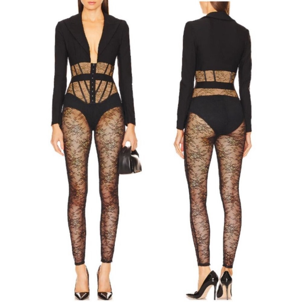 Revolve Michael Costello Claudette Black Sheer Lace Corset Jumpsuit